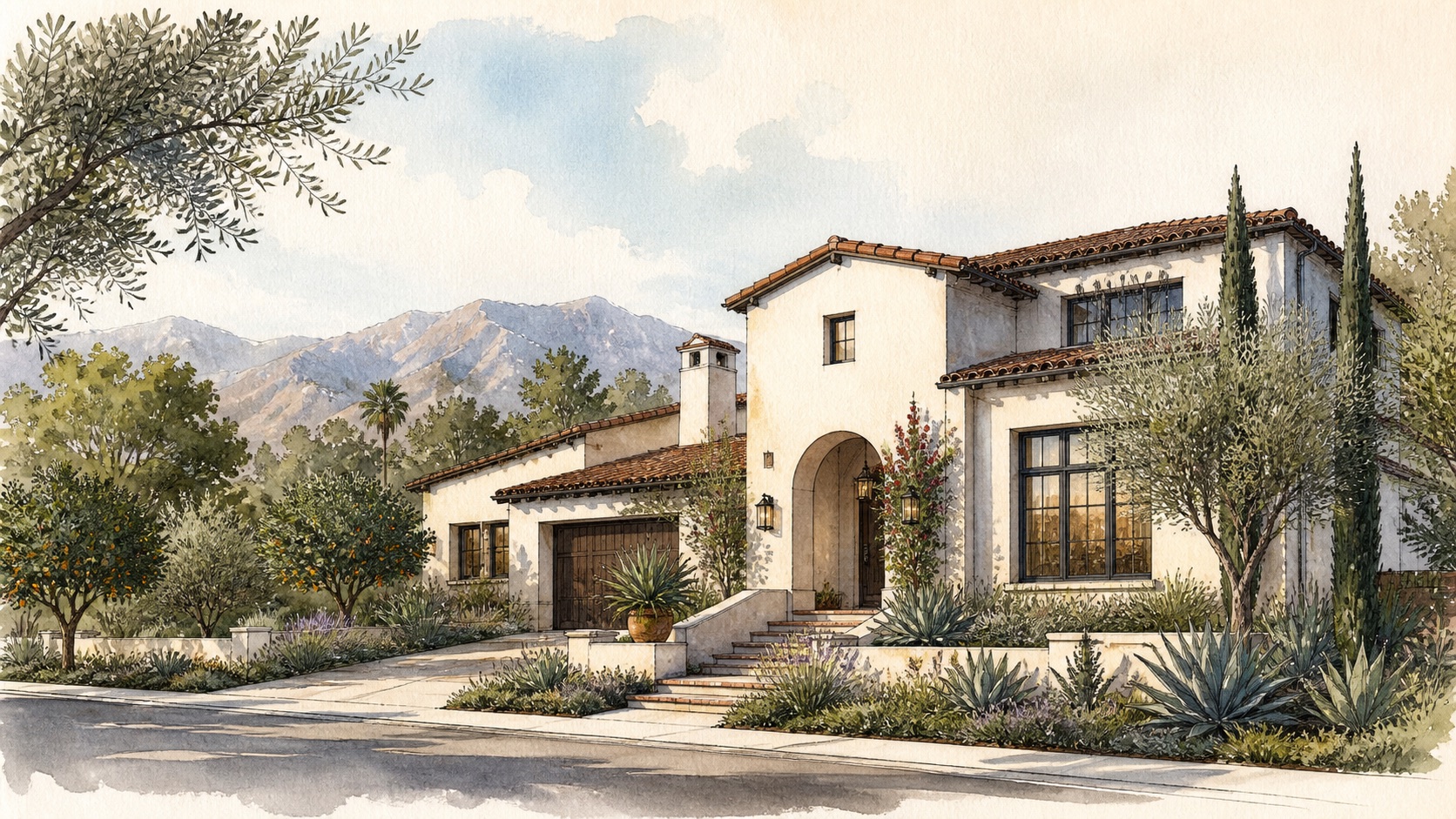 Architectural illustration of an Upland, California home near the San Gabriel Mountains